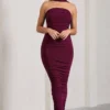 Entranced | Burgundy Ruched Bandeau Maxi Dress With Halter Collar
