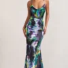 Lifetime | Watercolour Print Satin Cowl Neck Maxi Dress With Cross Back Detail