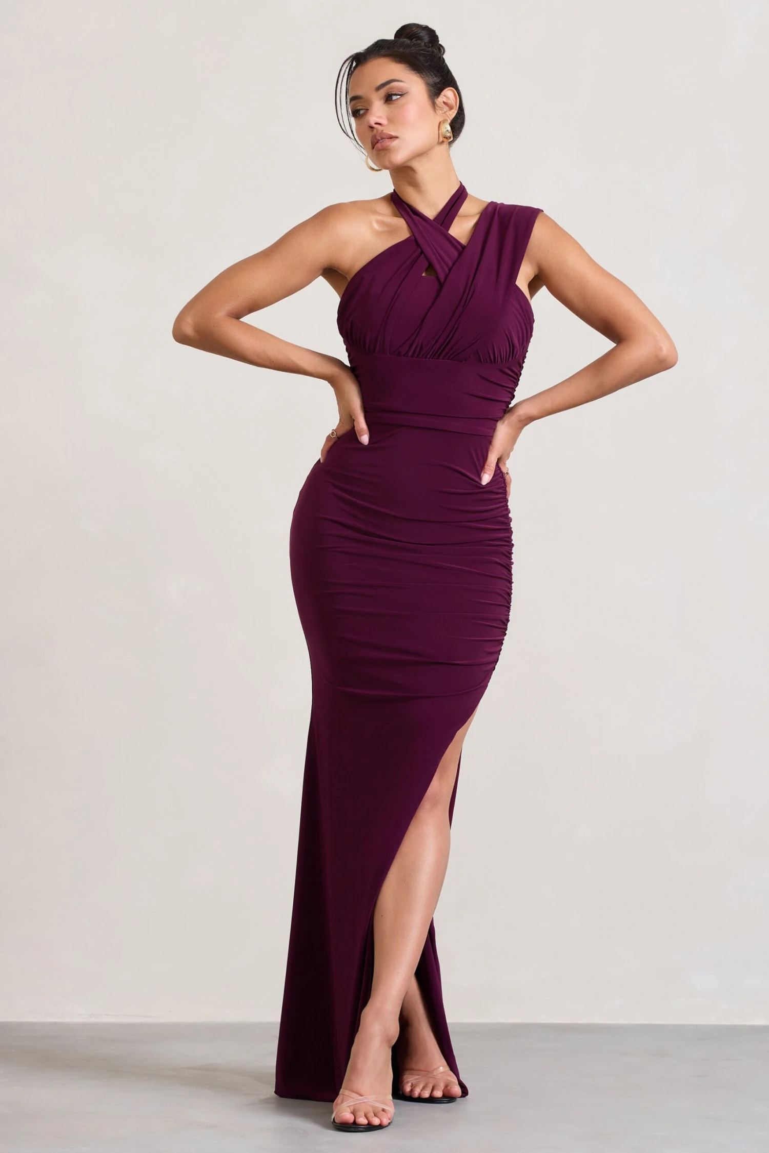 Ignite | Burgundy Strappy Halter-Neck Asymmetric Maxi Dress 1 Ignite | Burgundy Strappy Halter-Neck Asymmetric Maxi Dress