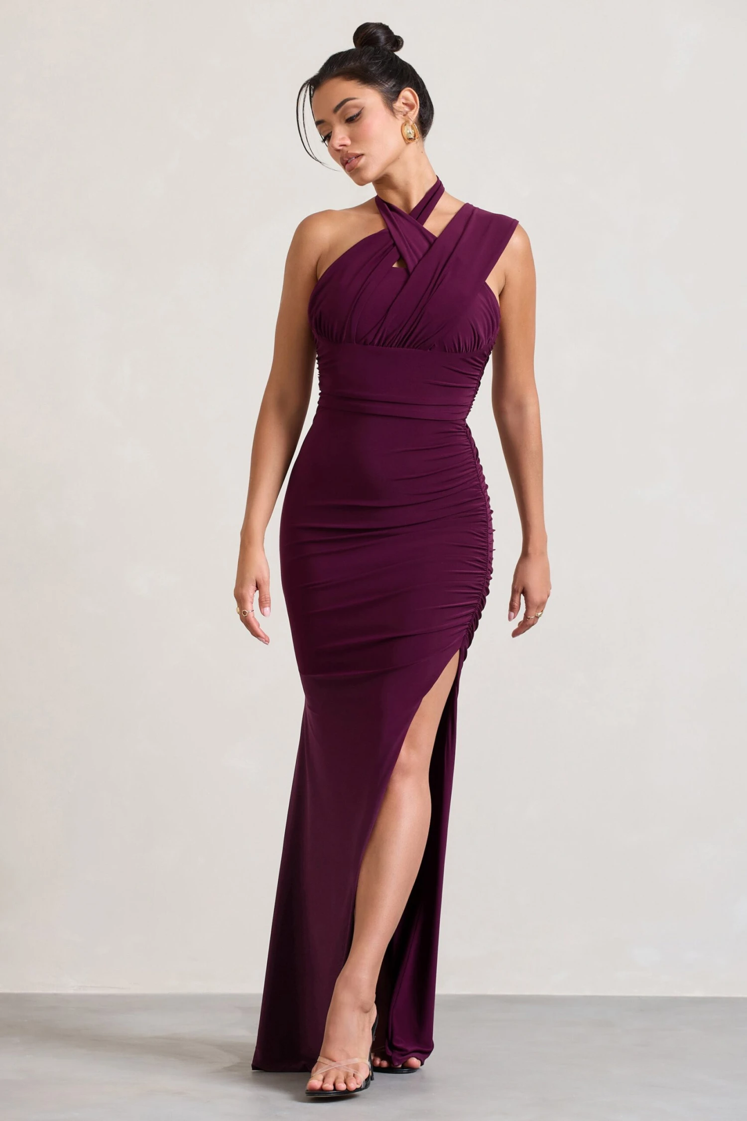 Ignite | Burgundy Strappy Halter-Neck Asymmetric Maxi Dress 5 Ignite | Burgundy Strappy Halter-Neck Asymmetric Maxi Dress - Image 5