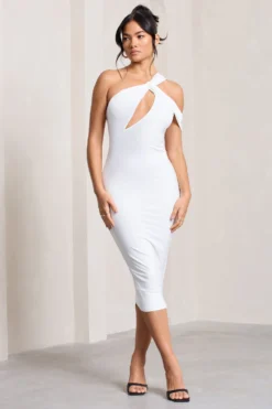 Ella | White Asymmetric Neck Cut Out Midi Dress 8 Ella | White Asymmetric Neck Cut Out Midi Dress -Stylixon Sales Store WB CL129002005 Ella WhiteAsymmetricNeckCutOutMidiDress1 scaled