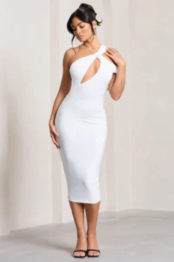 Ella | White Asymmetric Neck Cut Out Midi Dress 9 Ella | White Asymmetric Neck Cut Out Midi Dress -Stylixon Sales Store WB CL129002005 Ella WhiteAsymmetricNeckCutOutMidiDress2 scaled