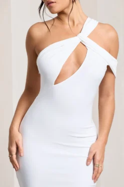 Ella | White Asymmetric Neck Cut Out Midi Dress 7 Ella | White Asymmetric Neck Cut Out Midi Dress -Stylixon Sales Store WB CL129002005 Ella WhiteAsymmetricNeckCutOutMidiDress4 scaled