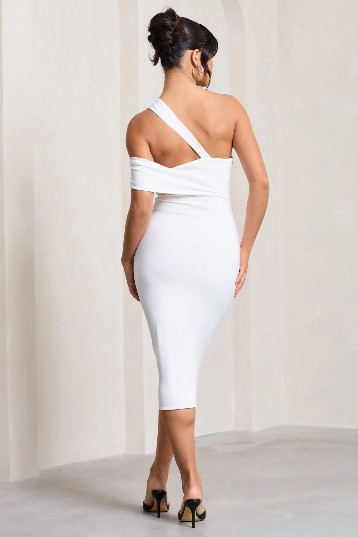 Ella | White Asymmetric Neck Cut Out Midi Dress 2 Ella | White Asymmetric Neck Cut Out Midi Dress - Image 2