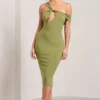 Ella | Olive Asymmetric Neck Cut Out Midi Dress
