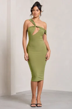Ella | Olive Asymmetric Neck Cut Out Midi Dress -Stylixon Sales Store WB CL129002113 Ella OliveAsymmetricNeckCutOutMidiDress1 scaled
