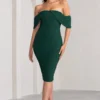 Love Me | Bottle Green Off The Shoulders Ruched Midi Dress
