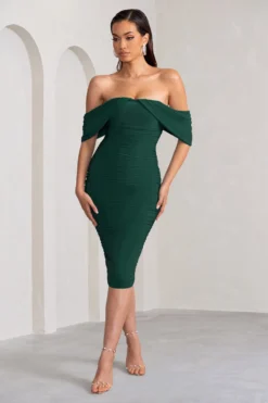 Love Me | Bottle Green Off The Shoulders Ruched Midi Dress -Stylixon Sales Store WB CL129028 LoveMeBottleGreenOffTheShouldersRuchedMidiDress2 scaled