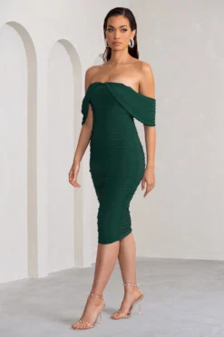 Love Me | Bottle Green Off The Shoulders Ruched Midi Dress -Stylixon Sales Store WB CL129028 LoveMeBottleGreenOffTheShouldersRuchedMidiDress3 scaled