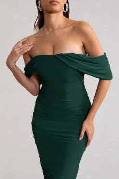 Love Me | Bottle Green Off The Shoulders Ruched Midi Dress -Stylixon Sales Store WB CL129028 LoveMeBottleGreenOffTheShouldersRuchedMidiDress4 scaled
