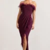 Cosmo | Burgundy Bandeau Feather Corset Split Maxi Dress