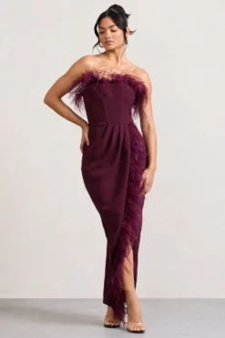 Cosmo | Burgundy Bandeau Feather Corset Split Maxi Dress -Stylixon Sales Store WB CL129242069 CosmoBurgundyBandeauFeatherCorsetSplitMaxiDress2 scaled