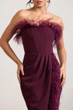 Cosmo | Burgundy Bandeau Feather Corset Split Maxi Dress -Stylixon Sales Store WB CL129242069 CosmoBurgundyBandeauFeatherCorsetSplitMaxiDress3 scaled