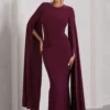 Kimmy | Burgundy High Neck Maxi Dress With Cape Sleeves