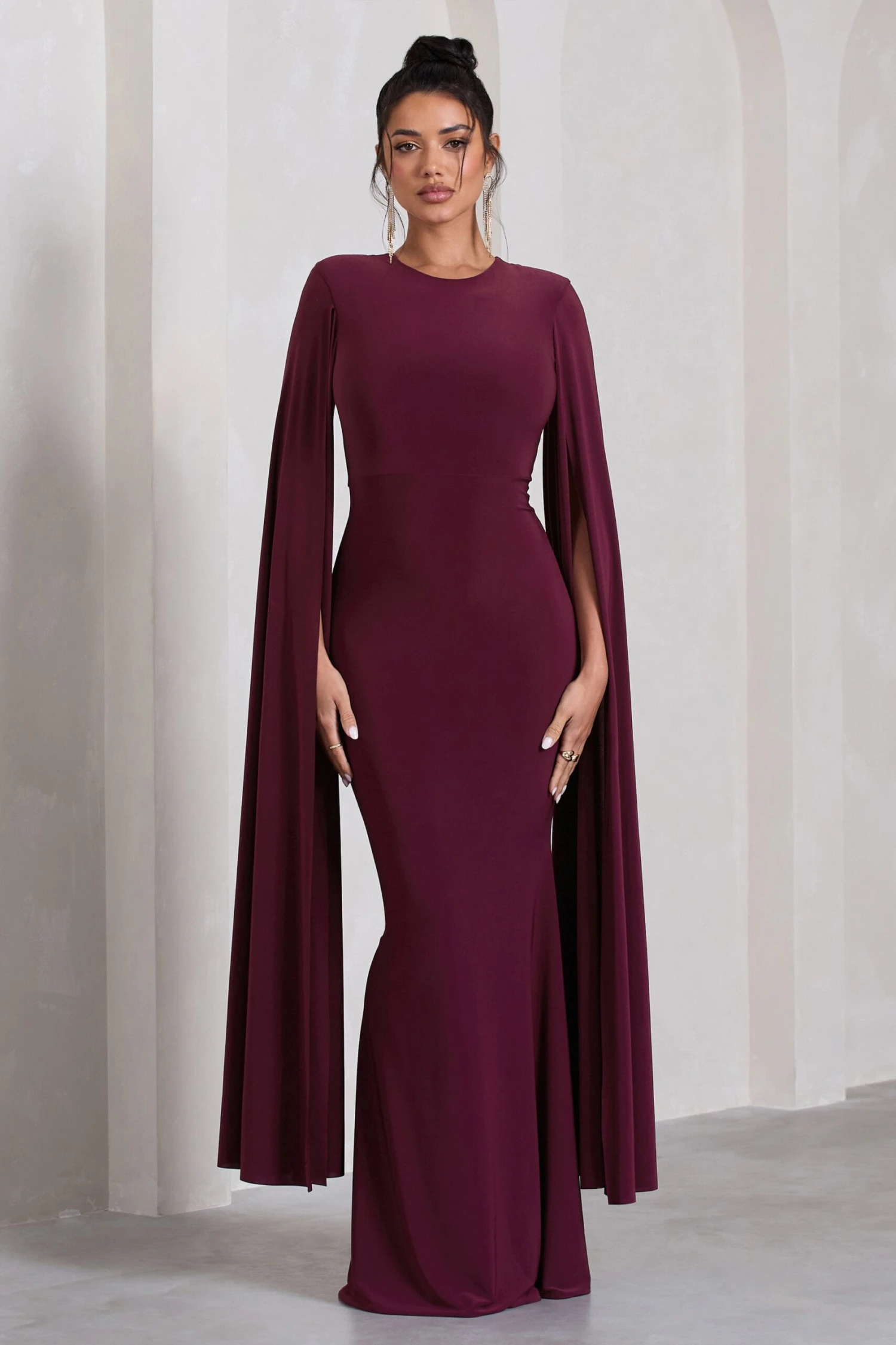 Kimmy | Burgundy High Neck Maxi Dress With Cape Sleeves 4 Kimmy | Burgundy High Neck Maxi Dress With Cape Sleeves - Image 4