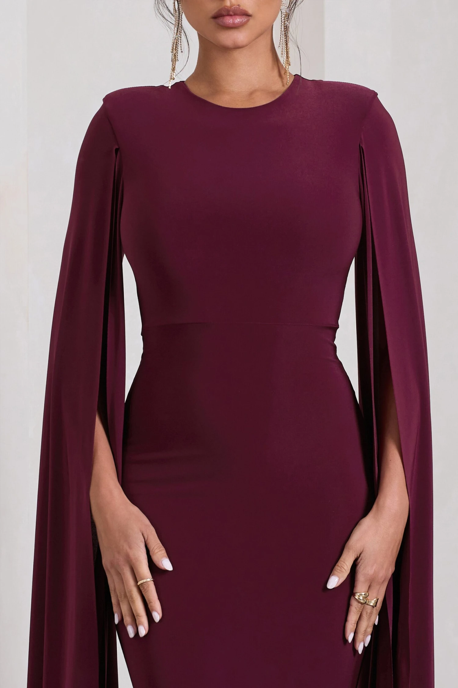 Kimmy | Burgundy High Neck Maxi Dress With Cape Sleeves 3 Kimmy | Burgundy High Neck Maxi Dress With Cape Sleeves - Image 3