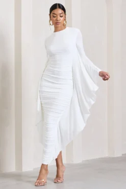 Keva | White Long Sleeve Ruched Maxi Dress With Cape Detailing 8 Keva | White Long Sleeve Ruched Maxi Dress With Cape Detailing -Stylixon Sales Store WB CL129265005 KevaWhiteLongSleeveRuchedMaxiDresswithCapeDetailing0 scaled