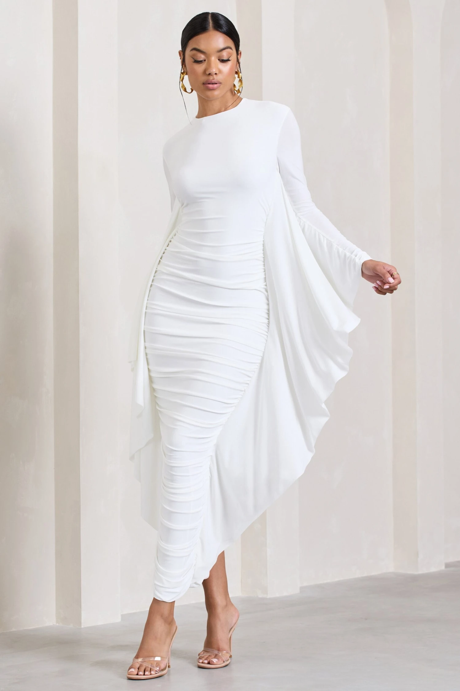 Keva | White Long Sleeve Ruched Maxi Dress With Cape Detailing 4 Keva | White Long Sleeve Ruched Maxi Dress With Cape Detailing - Image 4
