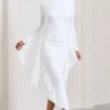 Keva | White Long Sleeve Ruched Maxi Dress With Cape Detailing