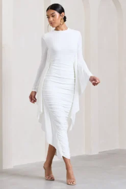 Keva | White Long Sleeve Ruched Maxi Dress With Cape Detailing 9 Keva | White Long Sleeve Ruched Maxi Dress With Cape Detailing -Stylixon Sales Store WB CL129265005 KevaWhiteLongSleeveRuchedMaxiDresswithCapeDetailing3 c8f249d2 628c 4204 b576 ddcd53f68f76 scaled