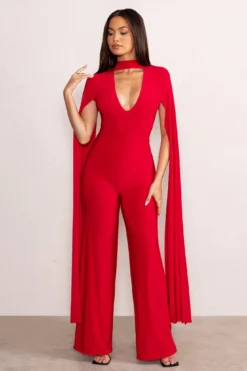 Louisa | Red Plunge Neck Jumpsuit With Floor Length Cape Sleeves -Stylixon Sales Store WB CL129267 LouisaRedPlungeNeckJumpsuitwithFloorLengthCapeSleeves1
