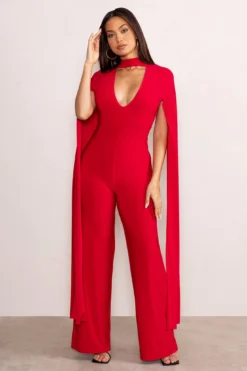 Louisa | Red Plunge Neck Jumpsuit With Floor Length Cape Sleeves -Stylixon Sales Store WB CL129267 LouisaRedPlungeNeckJumpsuitwithFloorLengthCapeSleeves2