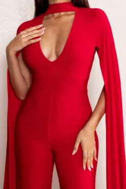 Louisa | Red Plunge Neck Jumpsuit With Floor Length Cape Sleeves -Stylixon Sales Store WB CL129267 LouisaRedPlungeNeckJumpsuitwithFloorLengthCapeSleeves3