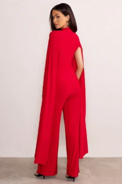 Louisa | Red Plunge Neck Jumpsuit With Floor Length Cape Sleeves -Stylixon Sales Store WB CL129267 LouisaRedPlungeNeckJumpsuitwithFloorLengthCapeSleeves4