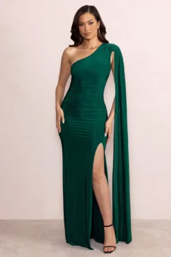 Alexia | Bottle Green One-Shoulder Maxi Dress With Cape Sleeve And Thigh Split 9 Alexia | Bottle Green One-Shoulder Maxi Dress With Cape Sleeve And Thigh Split -Stylixon Sales Store WB CL129270 AlexiaBottleGreenOne ShoulderMaxiDresswithCapeSleeveandThighSplit3