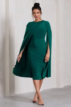 Marysol | Bottle Green Asymmetric Cape Midi Dress -Stylixon Sales Store WB CL129284047 Marysol BottleGreenAsymmetricCapeMidiDress0 scaled