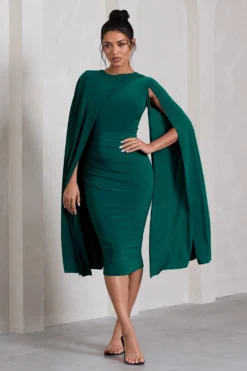 Marysol | Bottle Green Asymmetric Cape Midi Dress -Stylixon Sales Store WB CL129284047 Marysol BottleGreenAsymmetricCapeMidiDress1 scaled