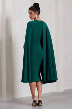 Marysol | Bottle Green Asymmetric Cape Midi Dress -Stylixon Sales Store WB CL129284047 Marysol BottleGreenAsymmetricCapeMidiDress5 scaled