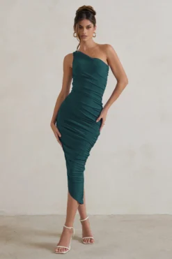 Dorit | Bottle Green One Shoulder Asymmetric Ruched Midi Dress -Stylixon Sales Store WB CL129293 DoritBottleGreenOneShoulderAsymmetricRuchedMidiDress0 scaled