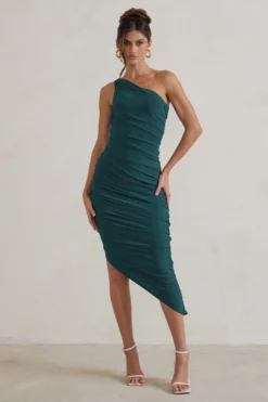 Dorit | Bottle Green One Shoulder Asymmetric Ruched Midi Dress -Stylixon Sales Store WB CL129293 DoritBottleGreenOneShoulderAsymmetricRuchedMidiDress1 scaled