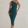 Dorit | Bottle Green One Shoulder Asymmetric Ruched Midi Dress