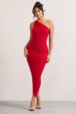 Dorit | Red One Shoulder Asymmetric Ruched Midi Dress -Stylixon Sales Store WB CL129293004 Dorit RedOneShoulderAsymmetricRuchedMidiDress0 scaled