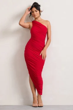 Dorit | Red One Shoulder Asymmetric Ruched Midi Dress -Stylixon Sales Store WB CL129293004 Dorit RedOneShoulderAsymmetricRuchedMidiDress2 scaled