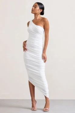Dorit | White One Shoulder Asymmetric Ruched Midi Dress -Stylixon Sales Store WB CL129293005 Dorit WhiteOneShoulderAsymmetricRuchedMidiDress3 scaled