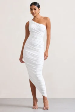 Dorit | White One Shoulder Asymmetric Ruched Midi Dress -Stylixon Sales Store WB CL129293005 Dorit WhiteOneShoulderAsymmetricRuchedMidiDress4 scaled