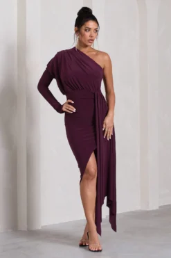 Catherine | Plum Asymmetric Midi Dress With Statement Drape 9 Catherine | Plum Asymmetric Midi Dress With Statement Drape -Stylixon Sales Store WB CL129314101 CatherinePlumAsymmetricMidiDressWithStatementDrape0 scaled