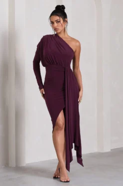 Catherine | Plum Asymmetric Midi Dress With Statement Drape 8 Catherine | Plum Asymmetric Midi Dress With Statement Drape -Stylixon Sales Store WB CL129314101 CatherinePlumAsymmetricMidiDressWithStatementDrape2 scaled