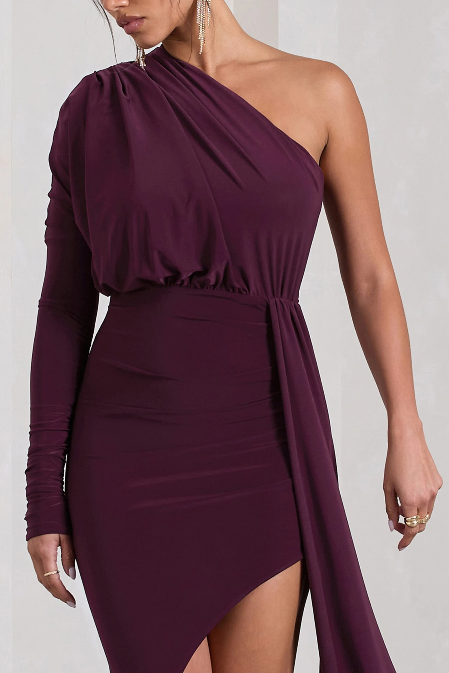 Catherine | Plum Asymmetric Midi Dress With Statement Drape 3 Catherine | Plum Asymmetric Midi Dress With Statement Drape - Image 3