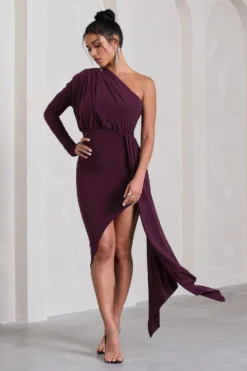 Catherine | Plum Asymmetric Midi Dress With Statement Drape