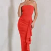 Fleur | Coral Bandeau Ruffle Maxi Dress