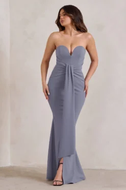 Carrie | Grey Sweetheart Neckline Maxi Dress With Statement Tie -Stylixon Sales Store WB CL129327 CarrieGreySweetheartNecklineMaxiDressWithStatementTie1 scaled