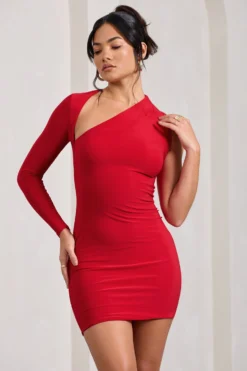 Siren | Red One Shoulder Bodycon Mini Dress -Stylixon Sales Store WB CL129344004 SirenRedOneShoulderBodyconDress1 scaled