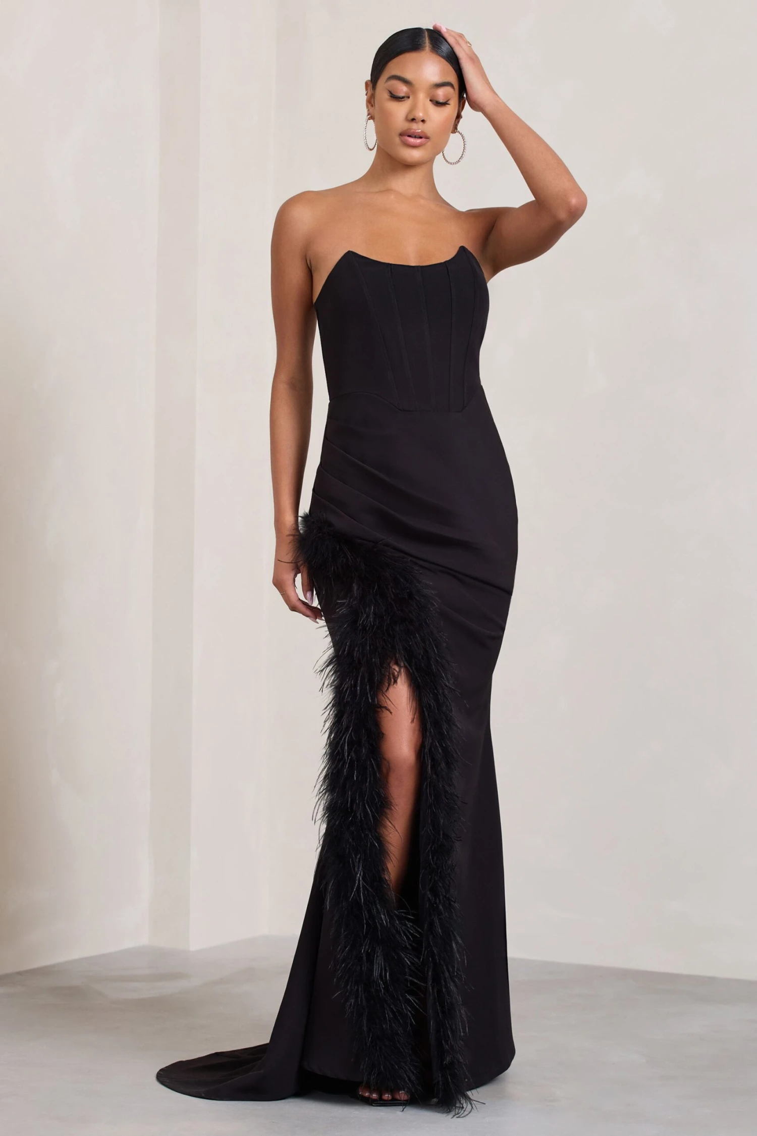 Say Yes | Black Corset Maxi Dress With Split Feather Skirt 4 Say Yes | Black Corset Maxi Dress With Split Feather Skirt - Image 4