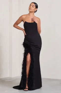 Say Yes | Black Corset Maxi Dress With Split Feather Skirt 9 Say Yes | Black Corset Maxi Dress With Split Feather Skirt -Stylixon Sales Store WB CL129356002 SayYes BlackCorsetMaxiDressWithSplitFeatherSkirt4 scaled