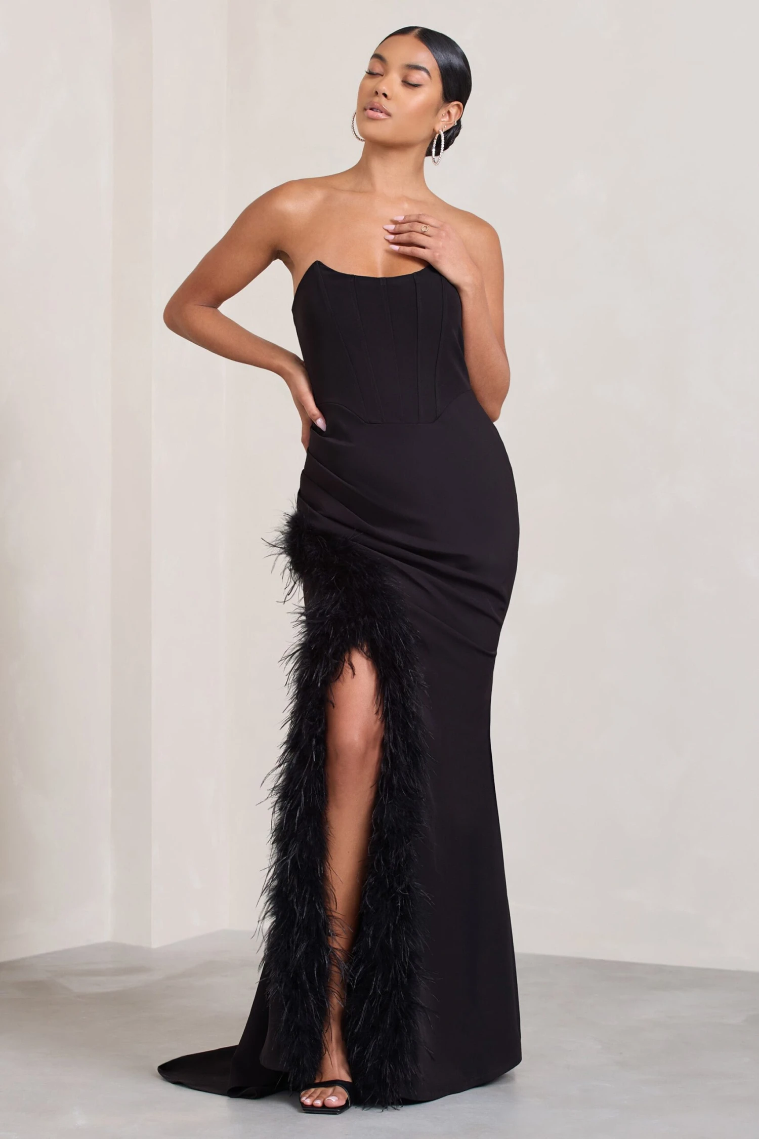 Say Yes | Black Corset Maxi Dress With Split Feather Skirt 5 Say Yes | Black Corset Maxi Dress With Split Feather Skirt - Image 5