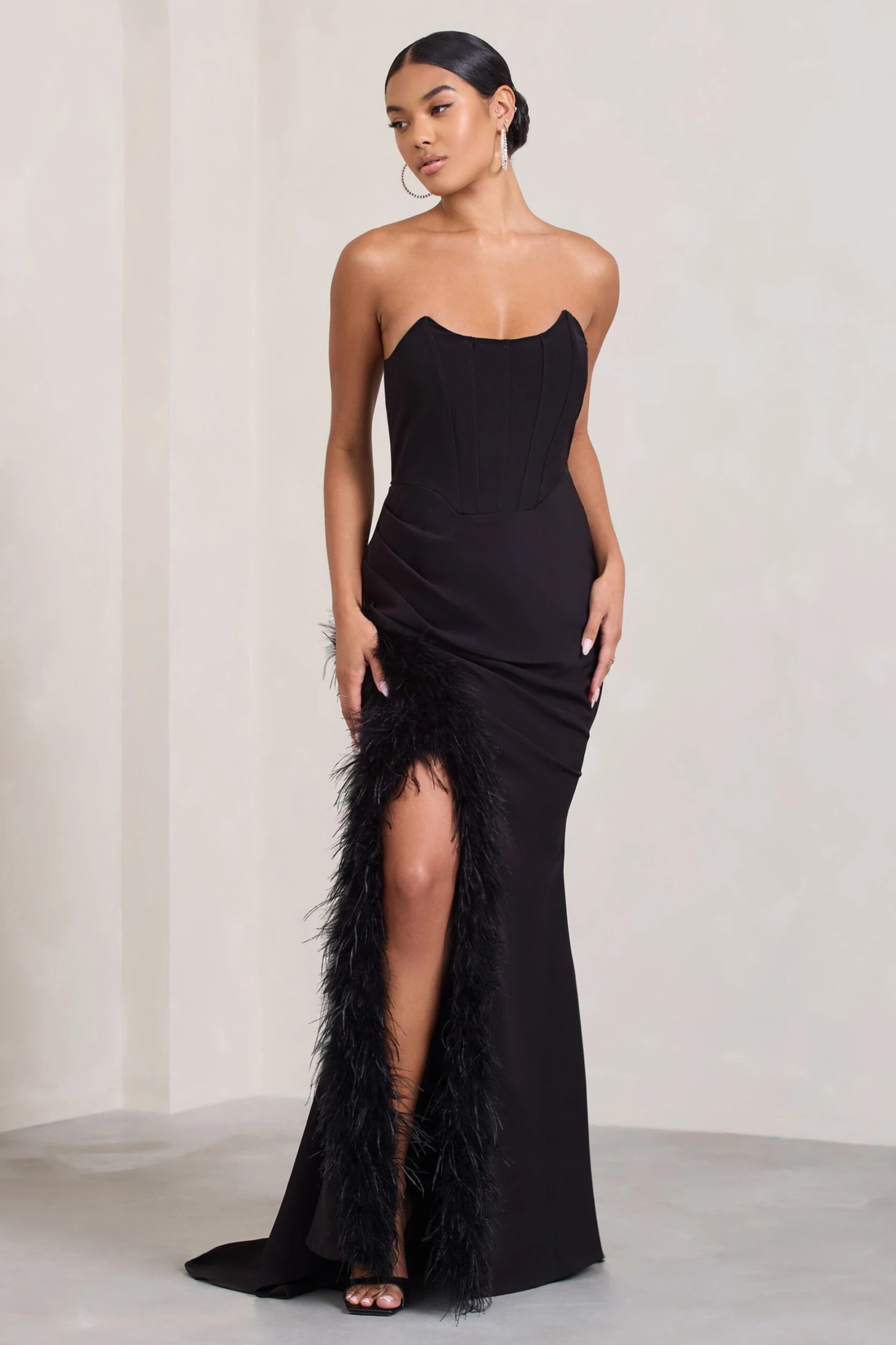Say Yes | Black Corset Maxi Dress With Split Feather Skirt 1 Say Yes | Black Corset Maxi Dress With Split Feather Skirt